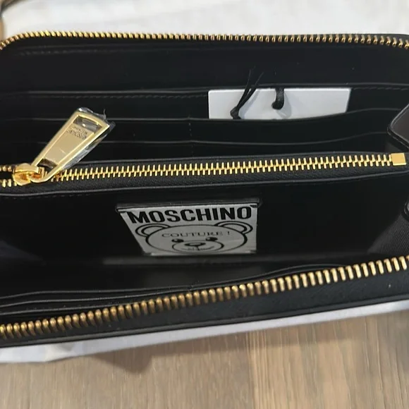 Moschino Bear Logo Embroidered Leather Wristlet Wallet